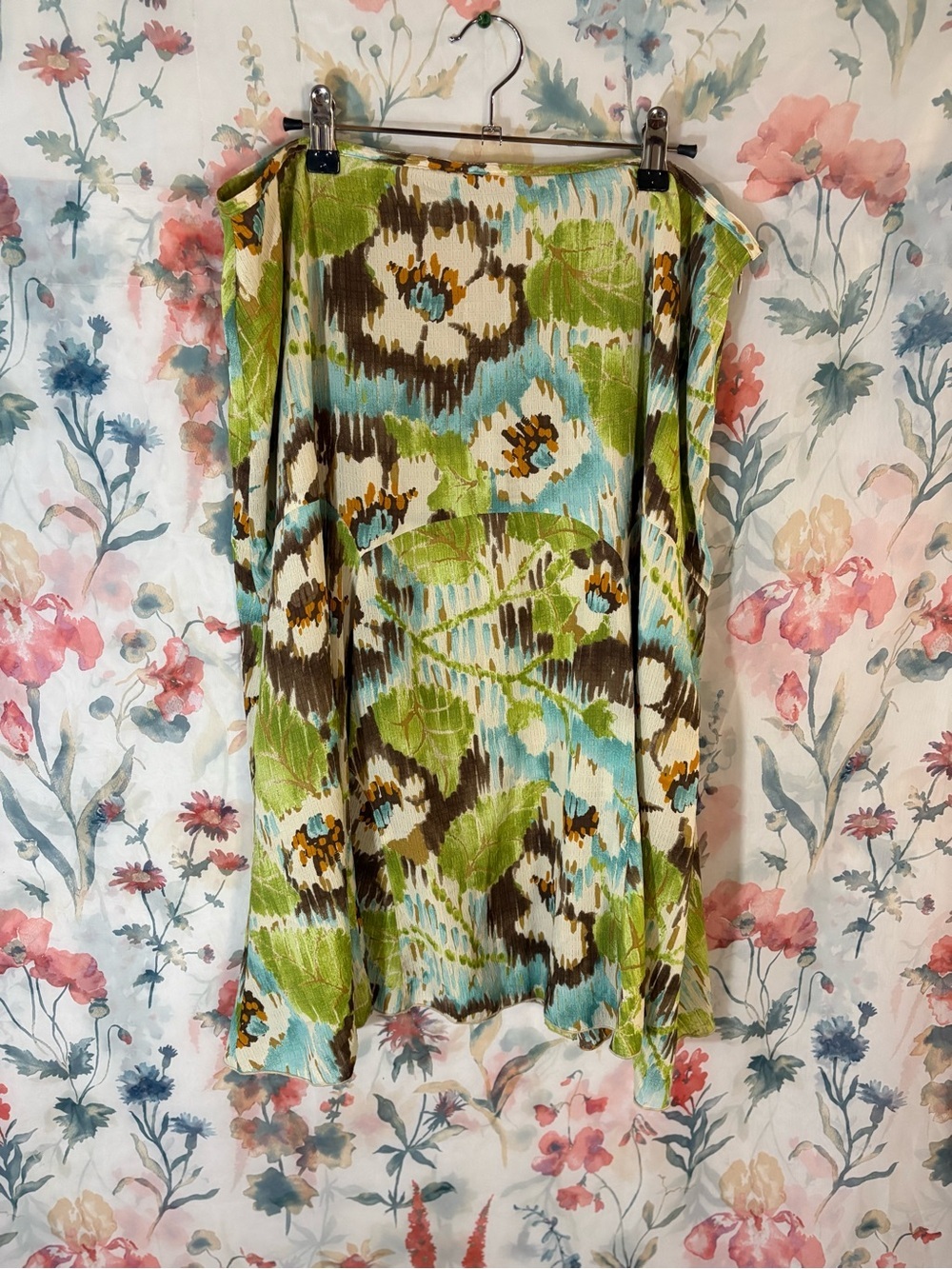 Vintage Floral Print Midi Skirt in Green and Aqua